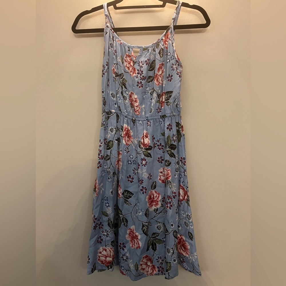 Pink rose brand blue flowered spaghetti strap dress